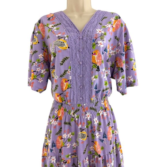Vintage Purple Floral Bird Print Soft Knit Tiered Maxi Dress Size 20W 2X Plus Sz - Picture 2 of 7
